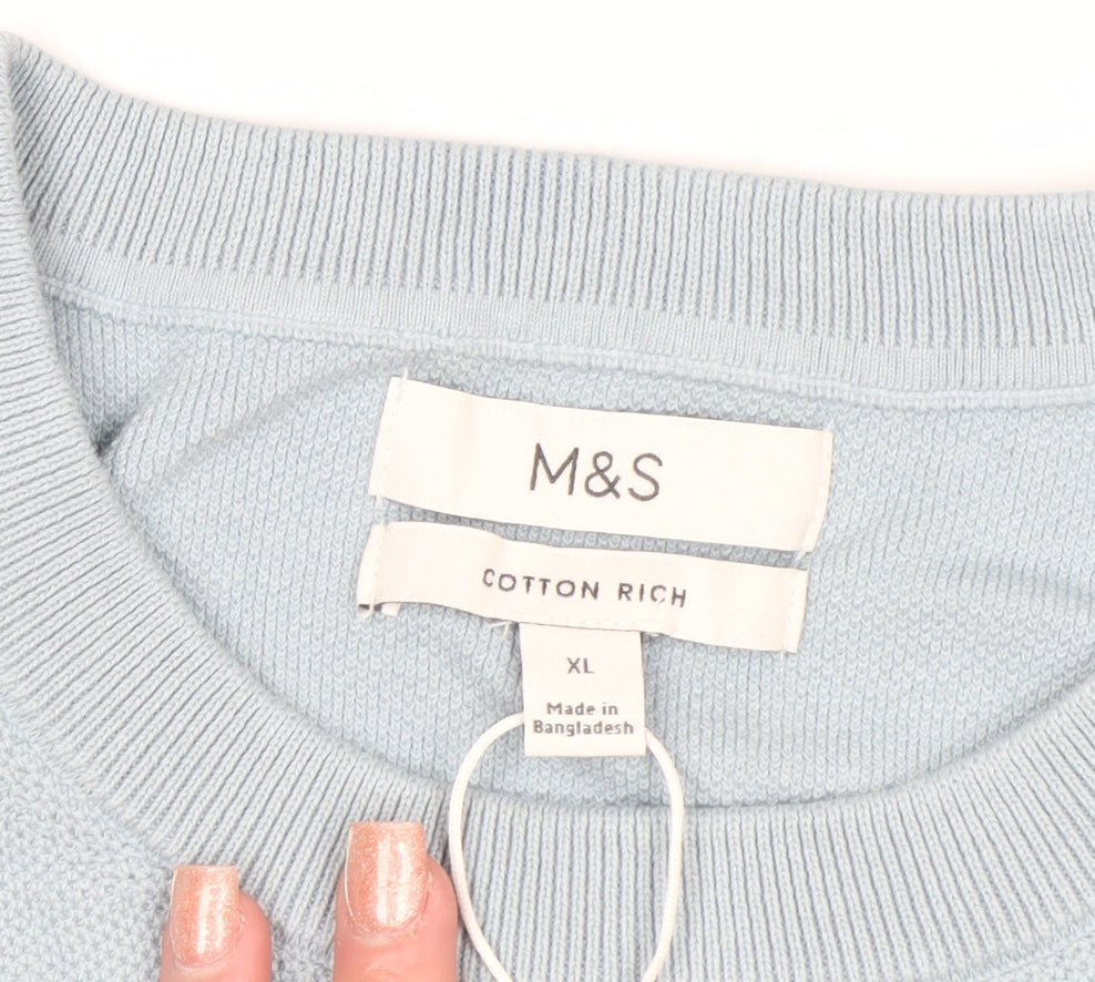Marks and Spencer Women Blue Cotton Knit Short Sleeve Jumper XL