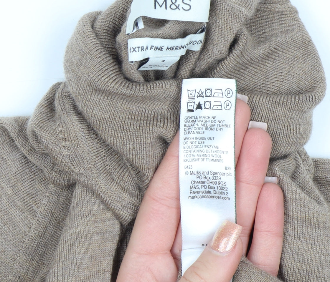 Marks and Spencer Women’s Beige Merino Wool Roll Neck Jumper Size 8