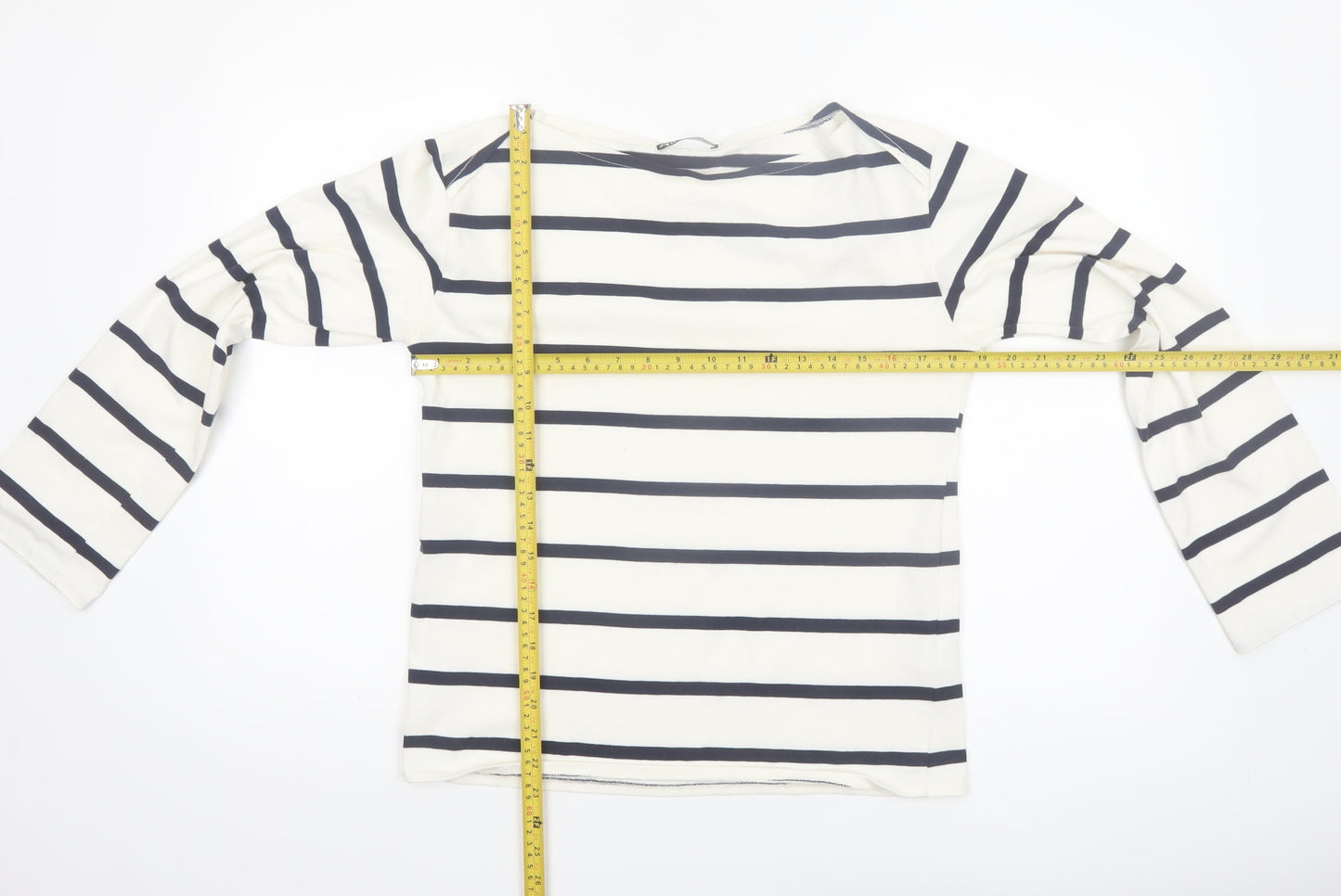 ZARA Women White Striped Long Sleeve Boat Neck Cotton T-Shirt Size 8