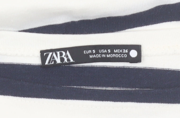 ZARA Women White Striped Long Sleeve Boat Neck Cotton T-Shirt Size 8