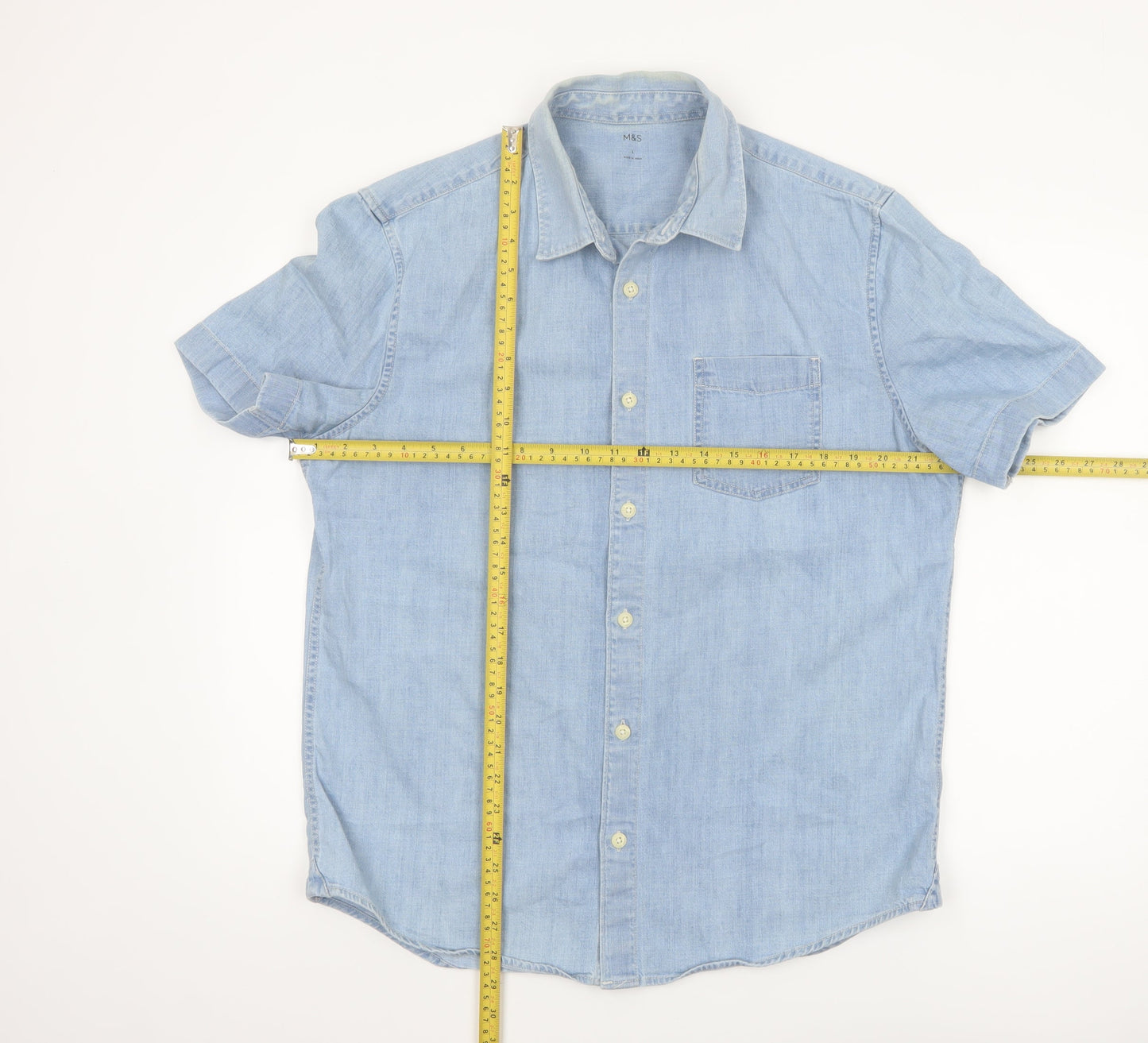 Marks and Spencer Men's Blue Cotton Short Sleeve Button-Up Shirt Size L
