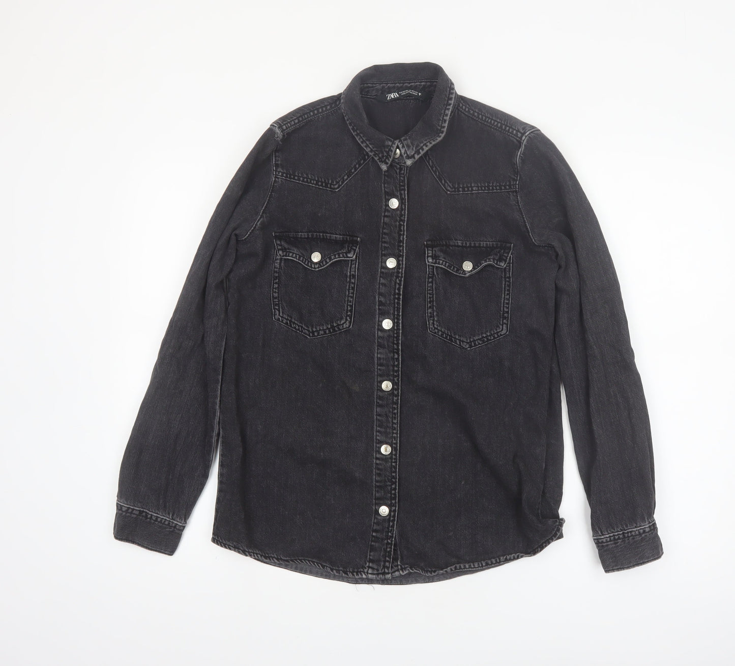 Zara Women's Black Denim Button-Up Shirt XS Regular Fit