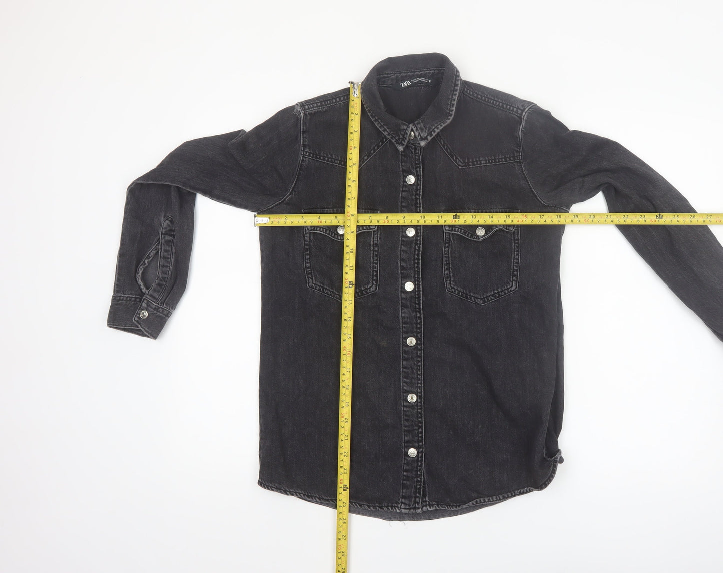 Zara Women's Black Denim Button-Up Shirt XS Regular Fit
