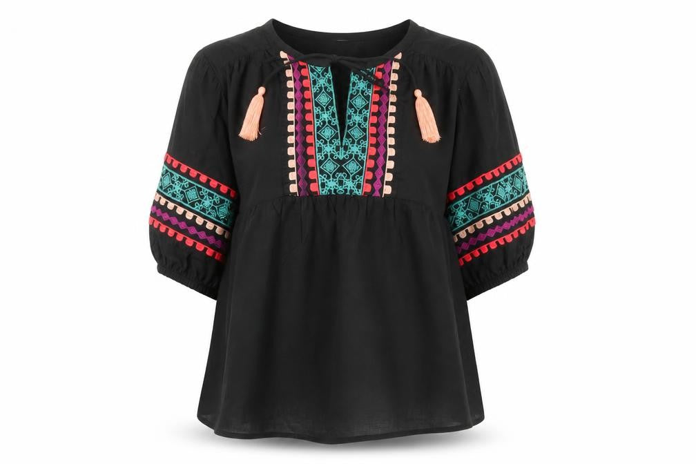 Marks & Spencer Per Una Womens Black Embroidered Bohemian Cotton Blouse Size 6