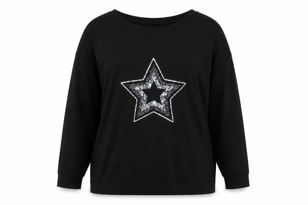 Live For The Weekend Women's Black Sequin Star Long Sleeve T-Shirt Size 20