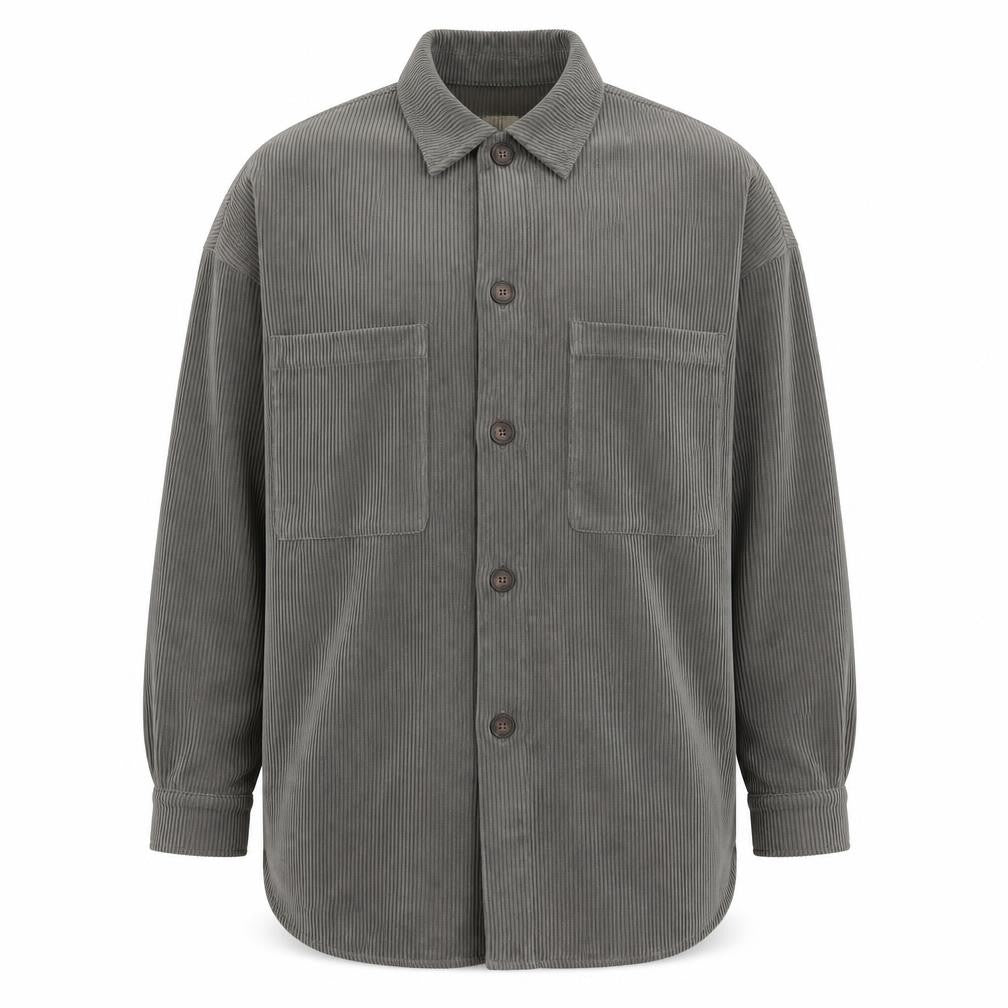 Pull&Bear Men's Grey Corduroy Button-Up Long Sleeve Shirt S