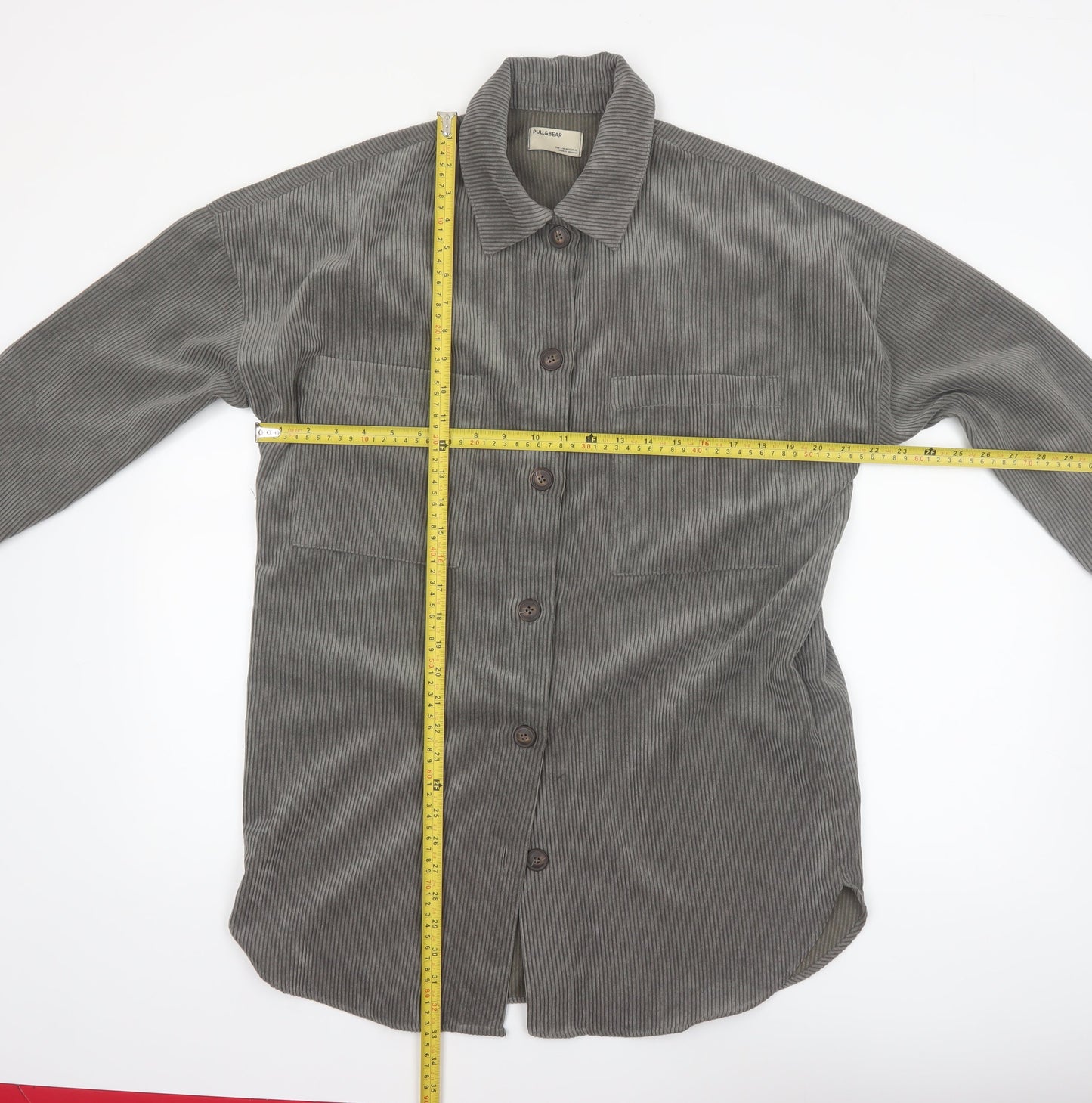 Pull&Bear Men's Grey Corduroy Button-Up Long Sleeve Shirt S