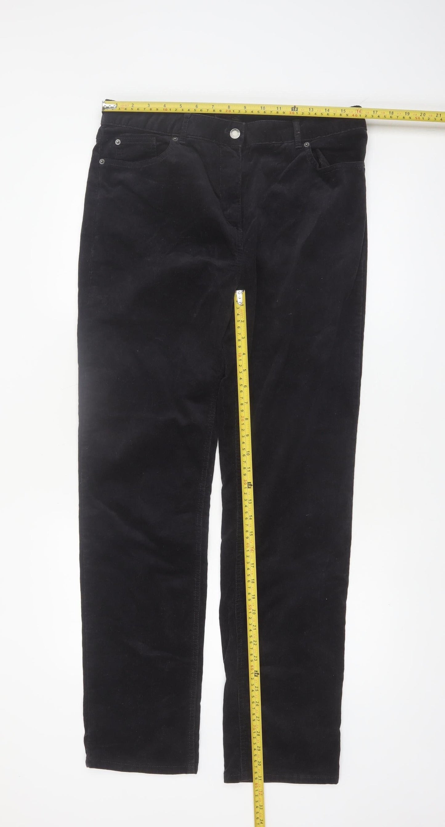 Marks and Spencer Women Black Corduroy Straight Trousers Size 14 Long