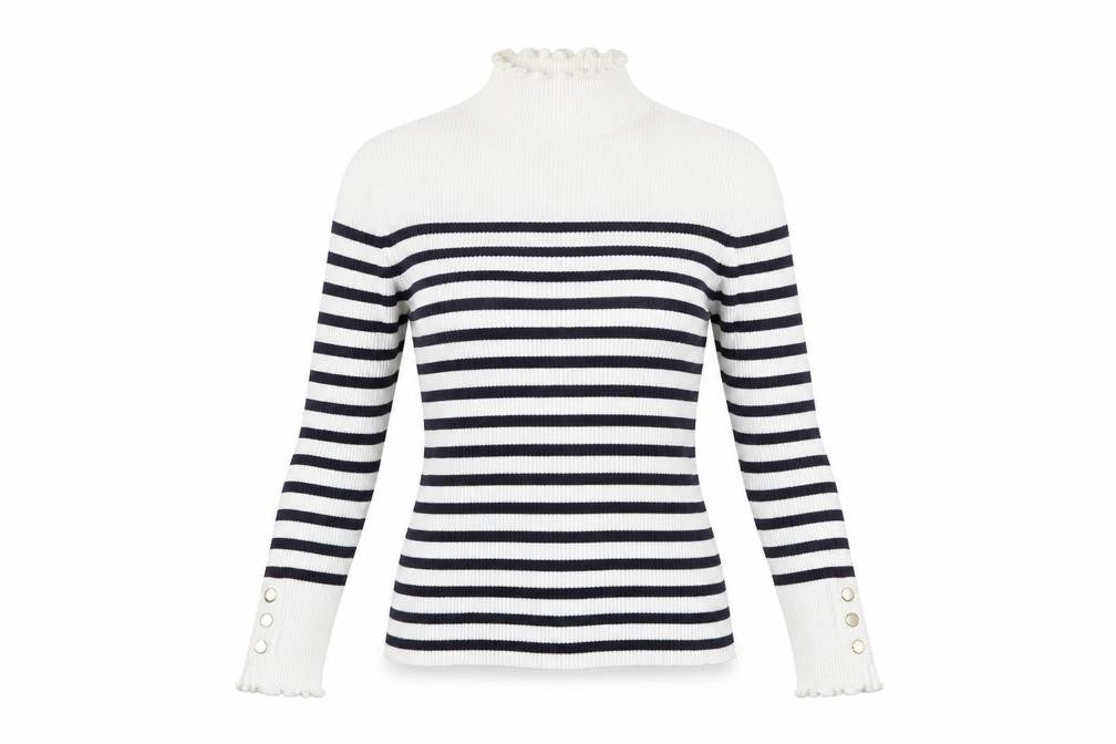 Et Vous Womens White Navy Striped Mock Neck Ribbed Jumper Size 12