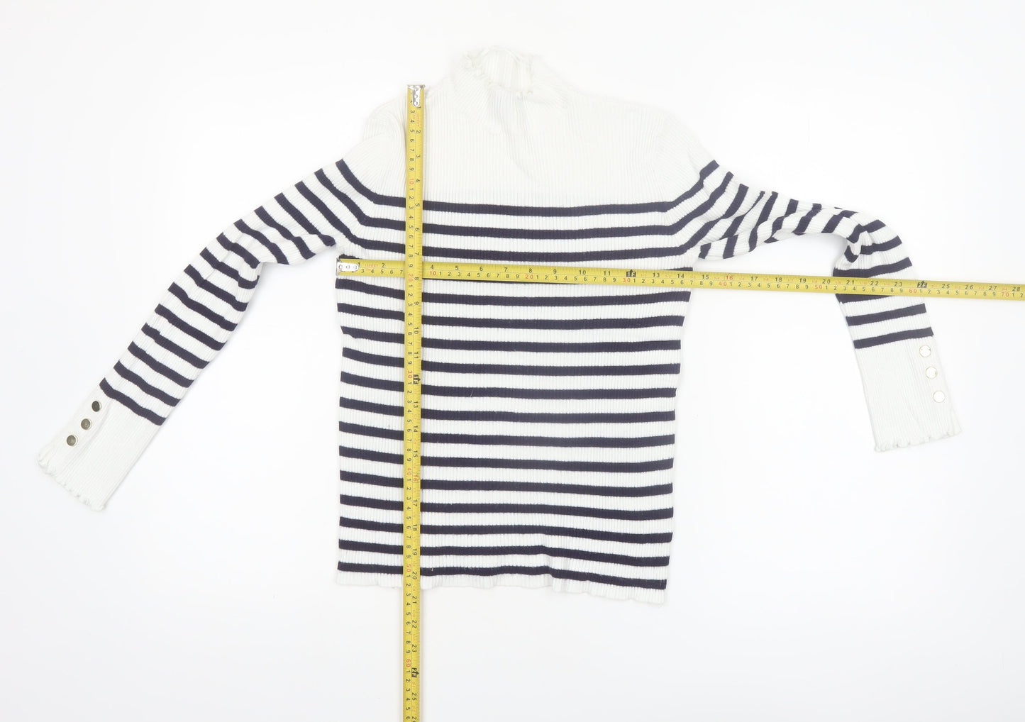 Et Vous Womens White Navy Striped Mock Neck Ribbed Jumper Size 12