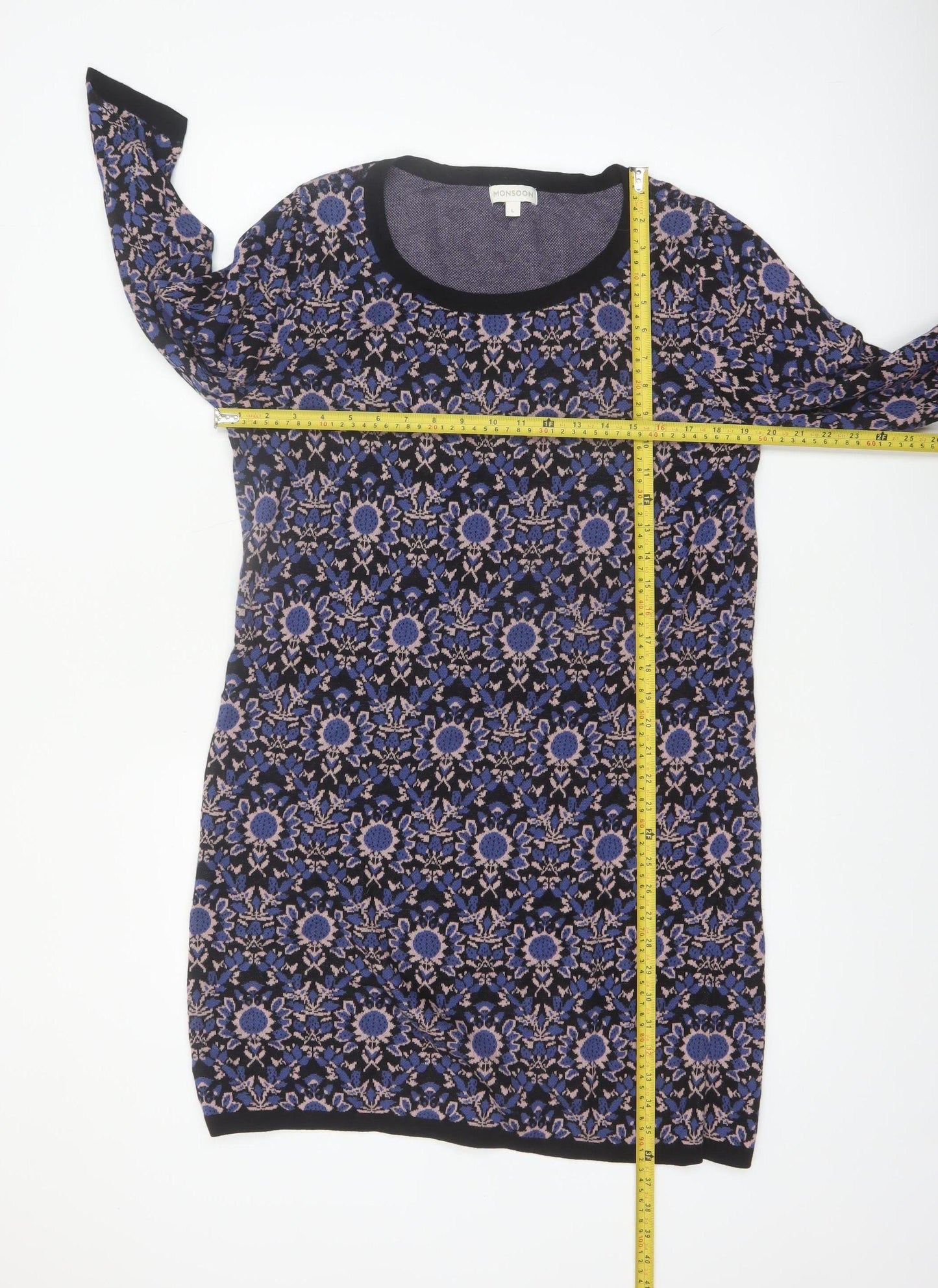 Monsoon Women Blue Floral Cotton Knit Shift Dress L