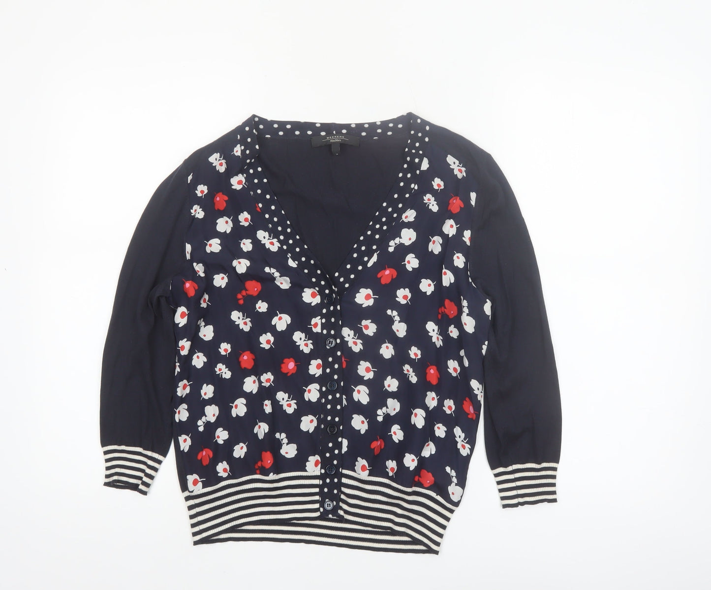 MaxMara Weekend Women's Blue Floral Knit Silk Cotton V-Neck Cardigan M