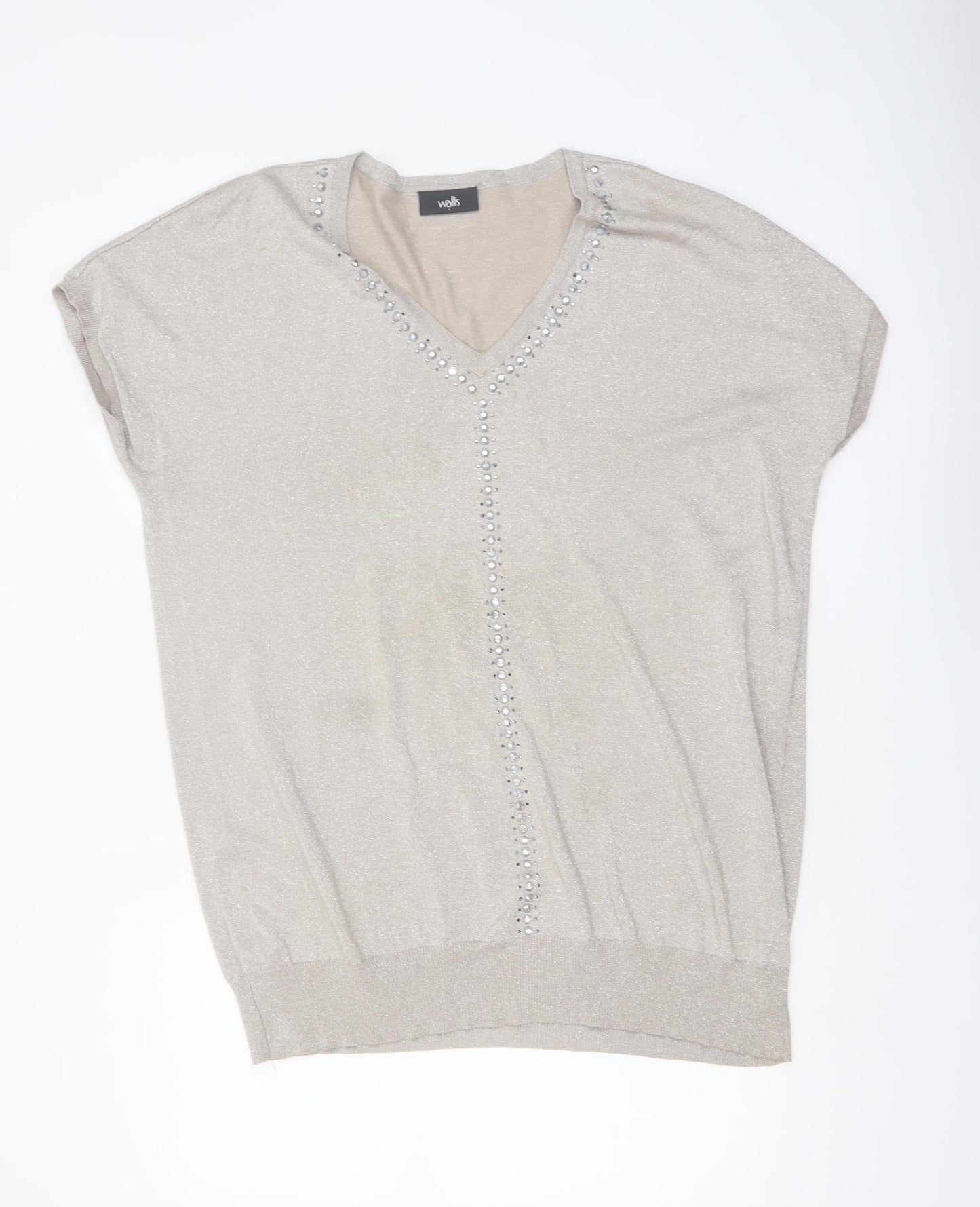 Wallis Womens Beige V-Neck Beaded Short Sleeve Jumper Size L
