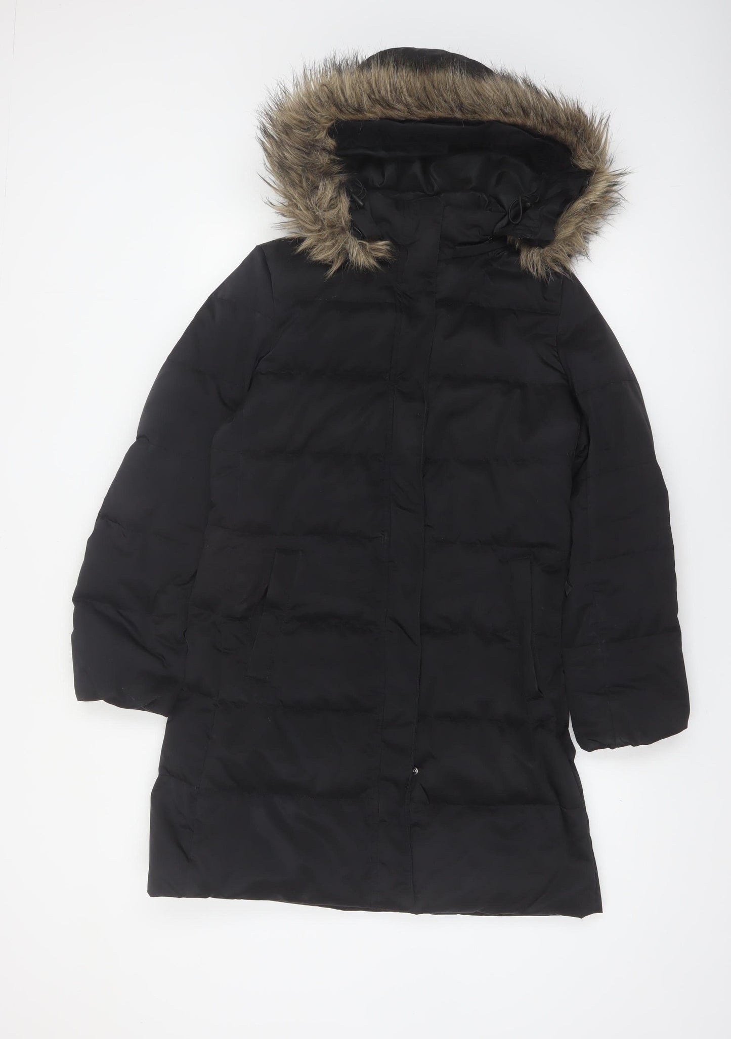 Down Collection Womens Black Long Puffer Coat Hooded Fur Trim Size S