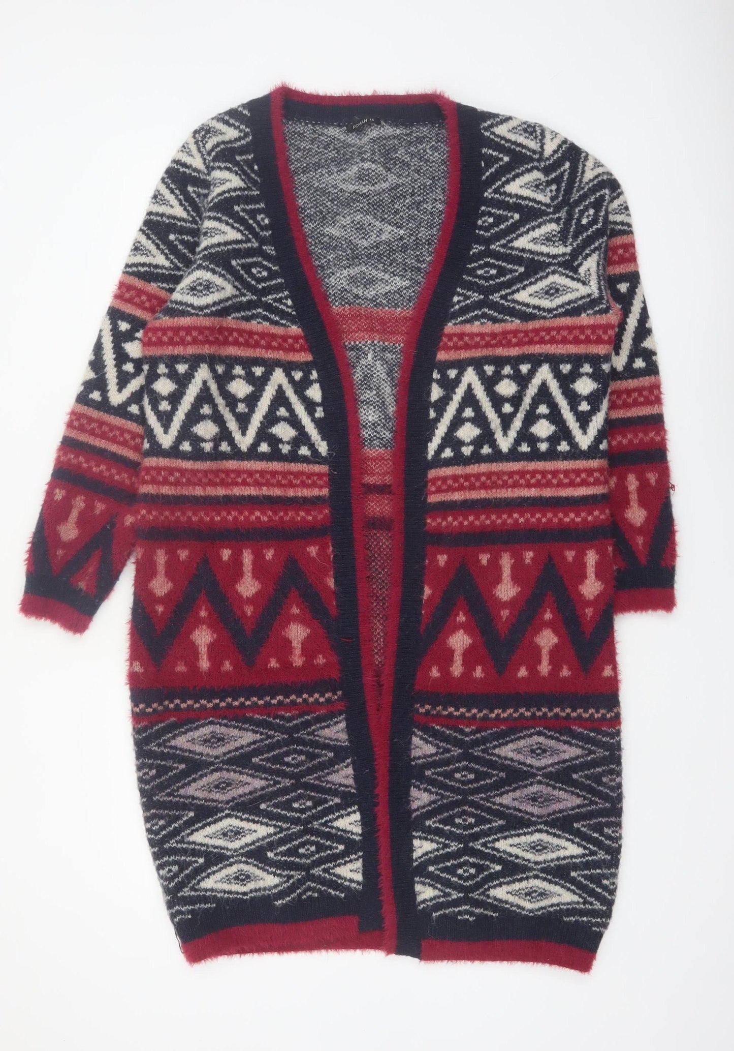 Roman Women’s Red Black Aztec Knit Cardigan Size 14