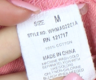 WHO.A.U Women Pink Cotton Short Sleeve Hooded Pullover M