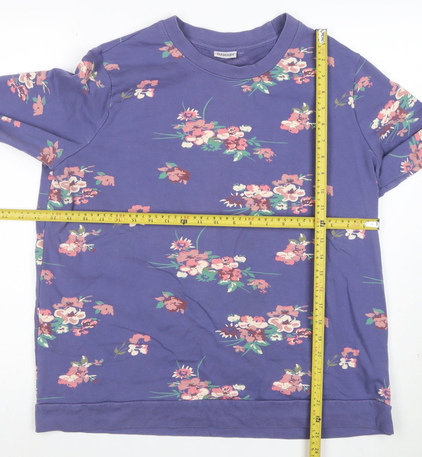 Damart Womens Blue Floral Pullover Sweatshirt L Long Sleeve Cotton Blend