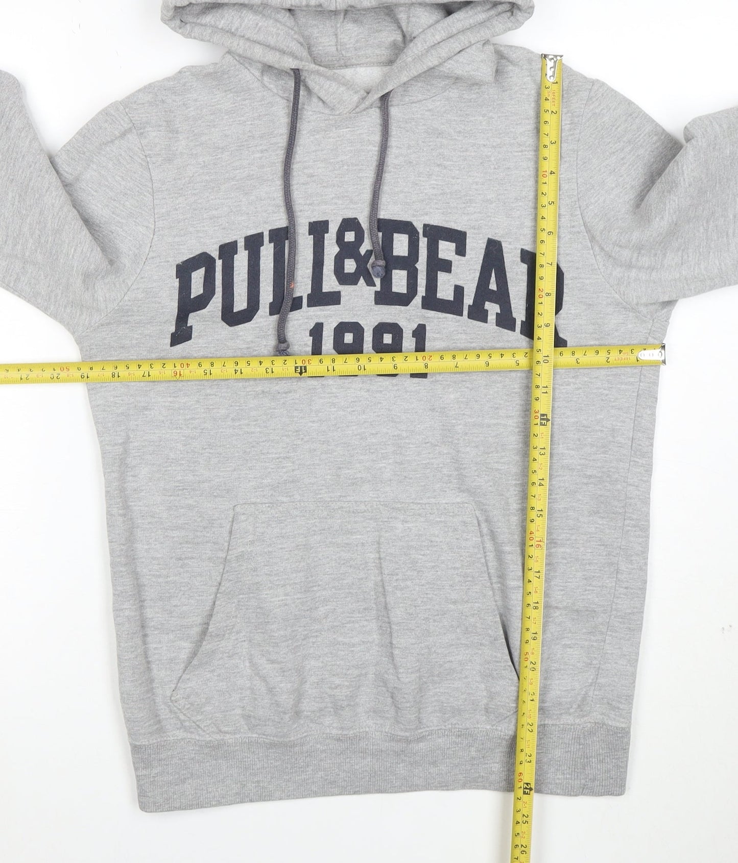 Pull&Bear Men Grey S Pullover Hoodie 1991 Graphic Logo Cotton Blend