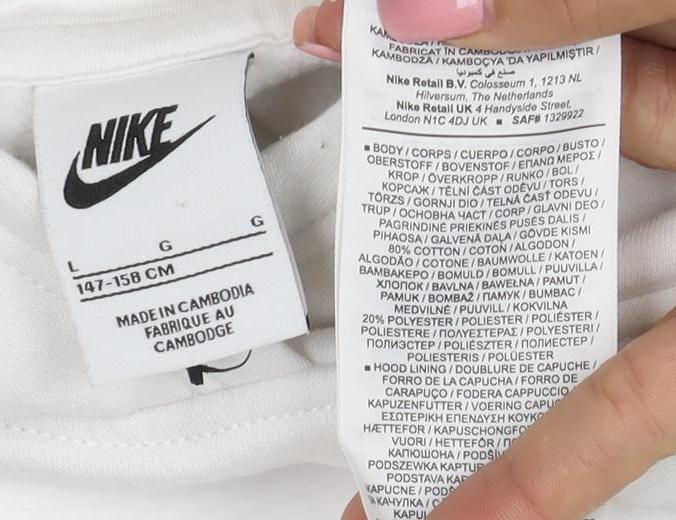 Nike Boys White Pullover Hoodie Size L Cotton Blend Swoosh Logo