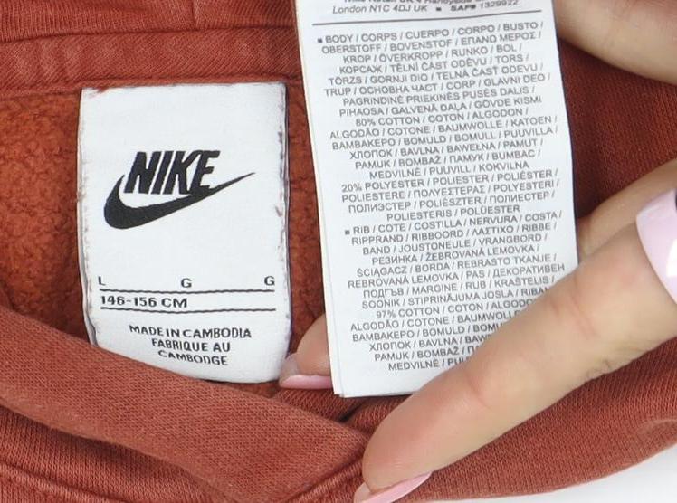 Nike Boys Rust Brown Pullover Hoodie Size L Cotton Blend Logo Print