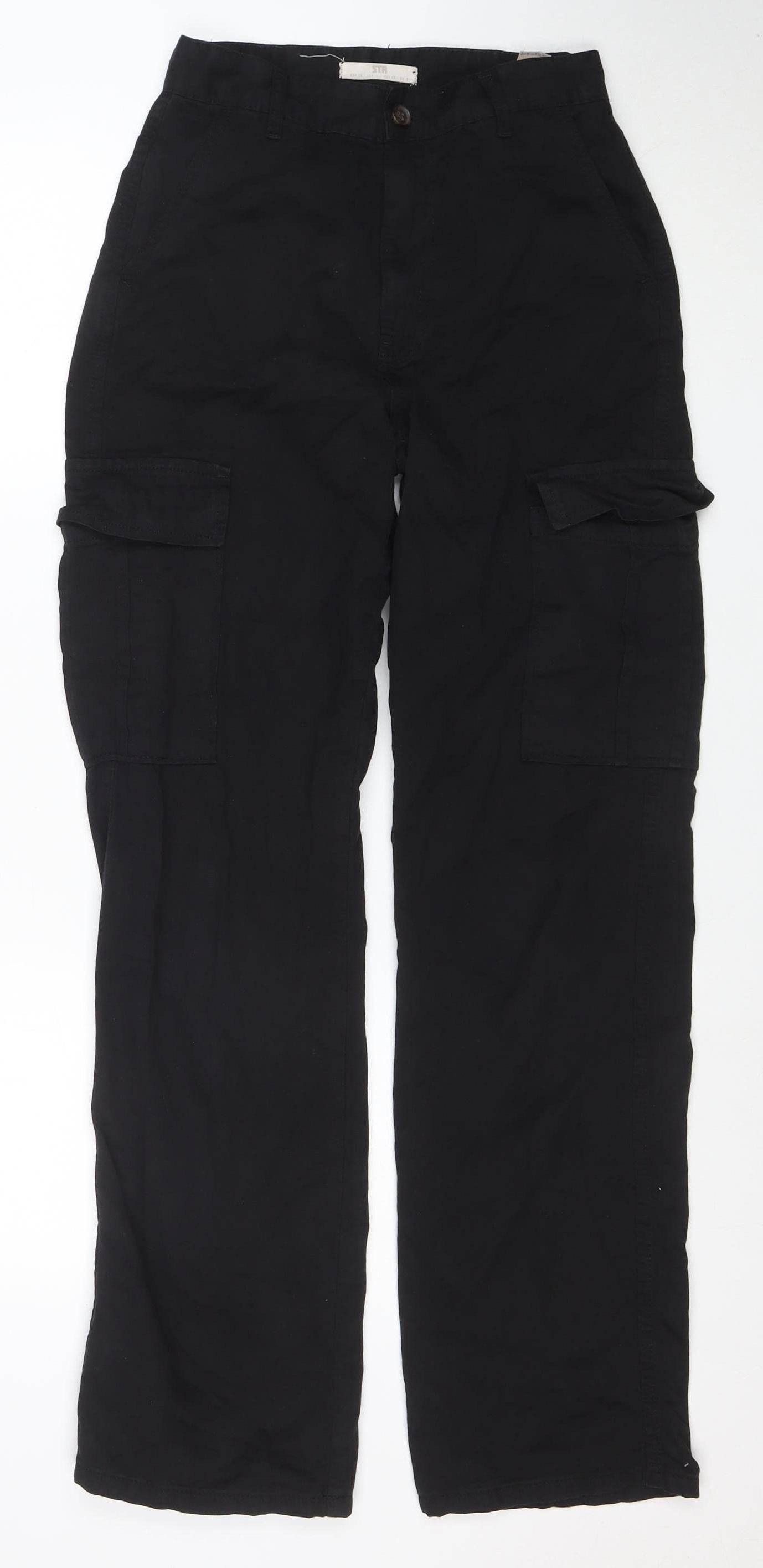 STR Womens Black Cotton Cargo Trousers M Regular Fit Pockets