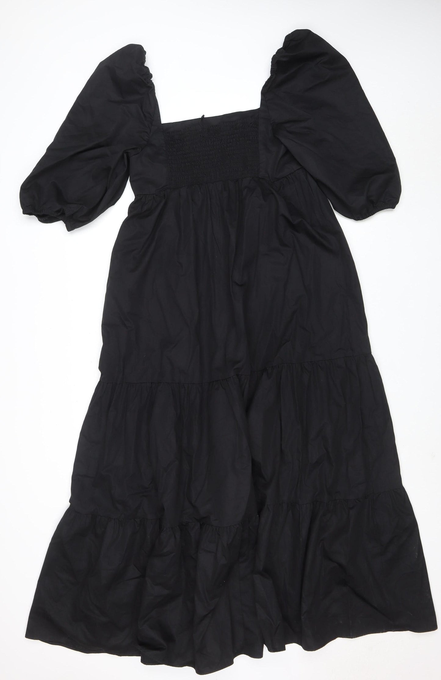 ZARA Women Black Puff Sleeve Smocked A-Line Midi Dress Size L
