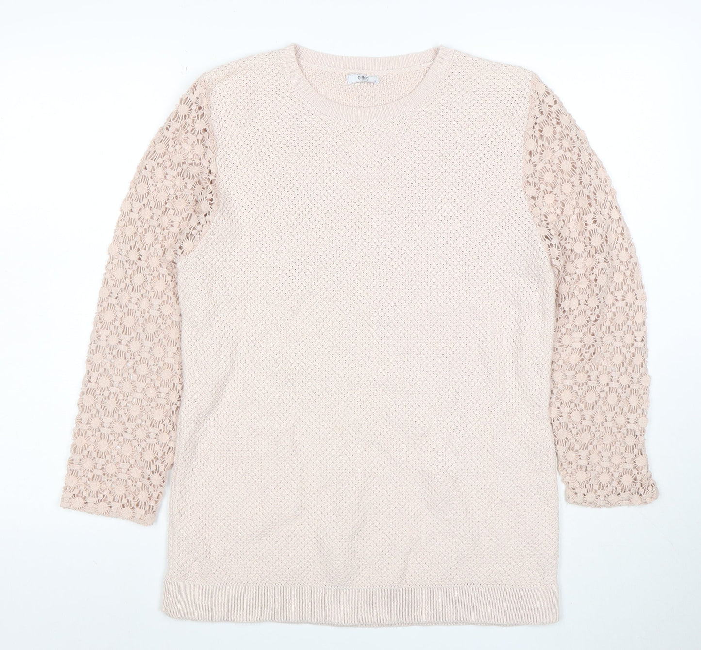 Cotton Traders Women Pale Blush Cotton Lace Sleeve Jumper Size 16