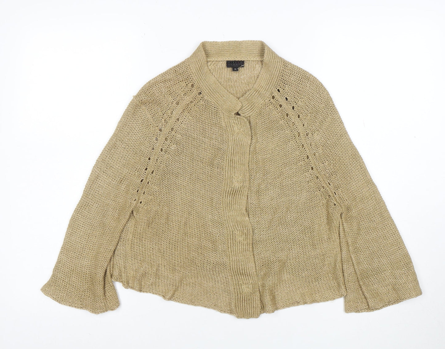 Hikaru Beige 100% Linen Womens Cardigan M Open Knit Relaxed Fit