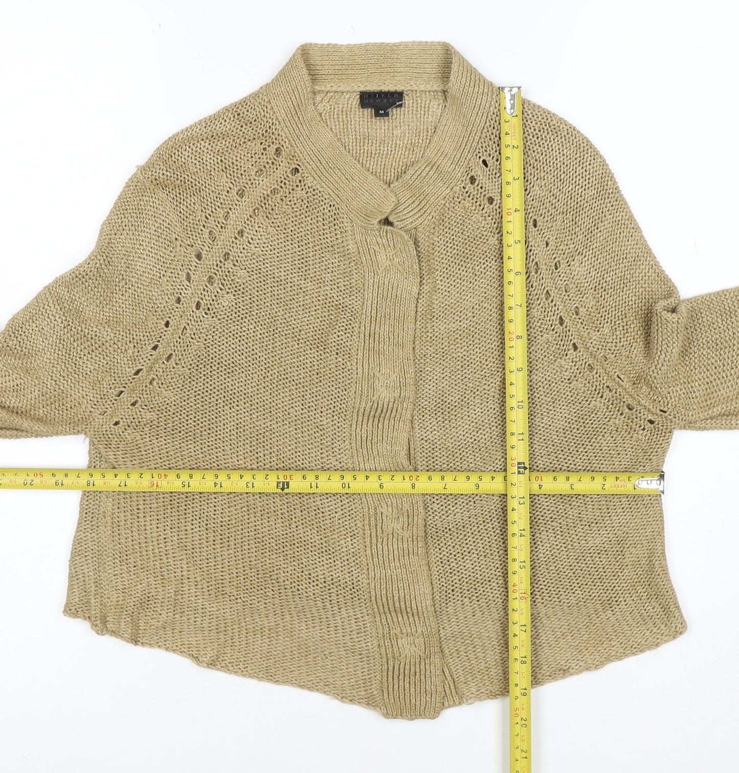 Hikaru Beige 100% Linen Womens Cardigan M Open Knit Relaxed Fit