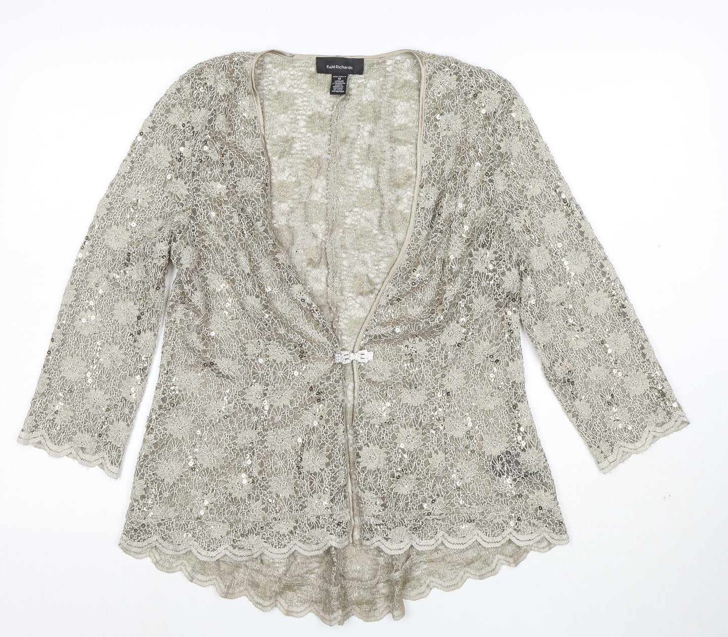 R&M Richards Women's Gold Lace Sequin 3/4 Sleeve Cardigan Size 12