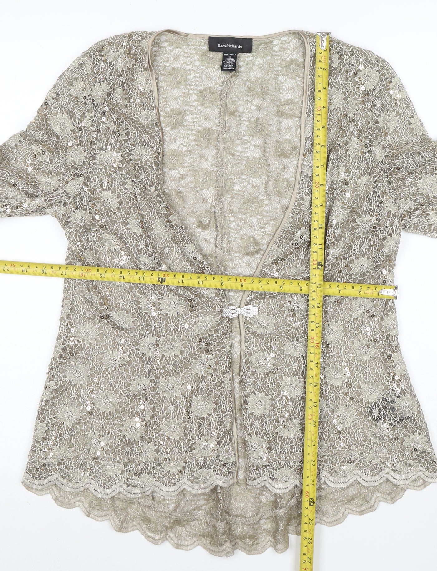 R&M Richards Women's Gold Lace Sequin 3/4 Sleeve Cardigan Size 12