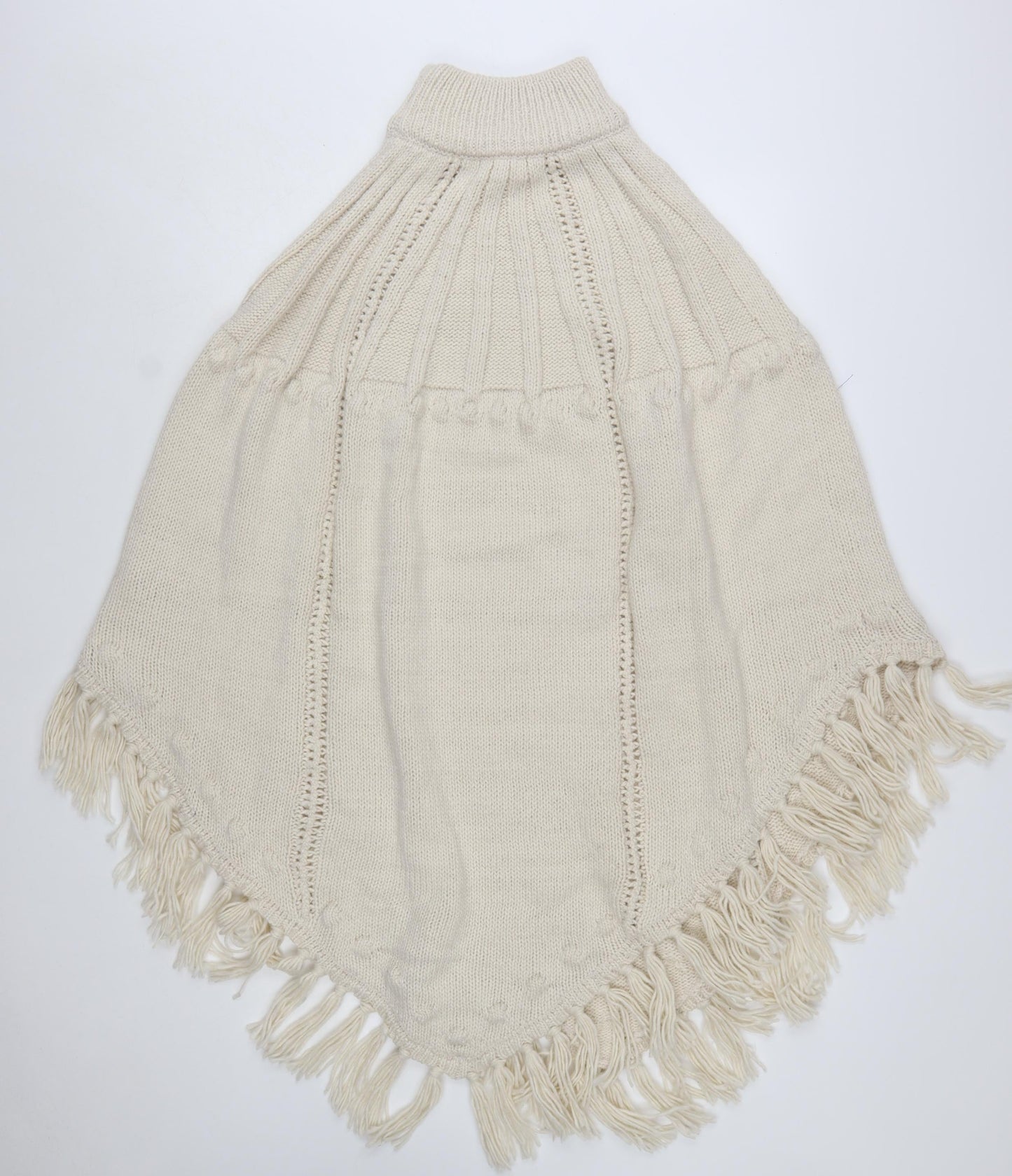 Monsoon Women’s Ivory Knit Fringe Cape Poncho One Size Acrylic