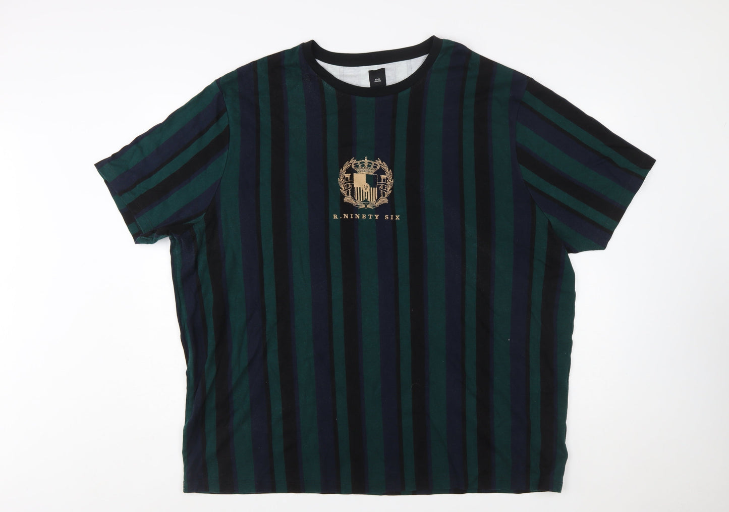 River Island Men's Navy Green Striped Crew Neck T-Shirt 3XL Classic Cotton