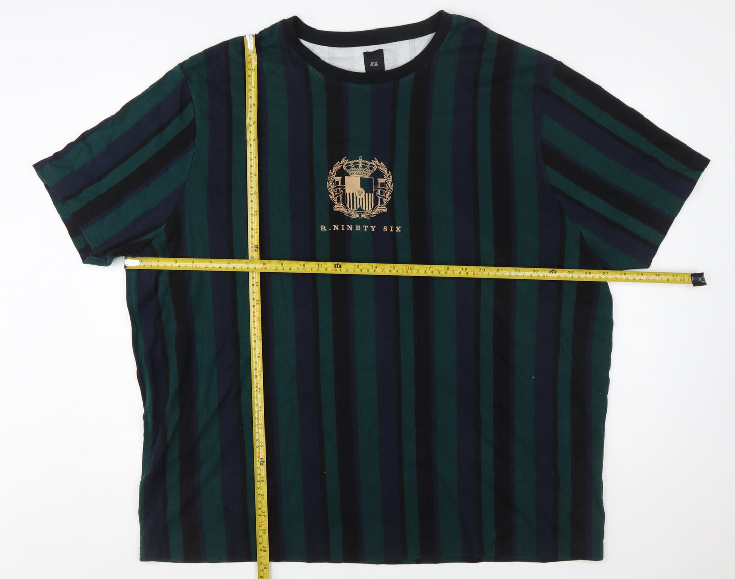 River Island Men's Navy Green Striped Crew Neck T-Shirt 3XL Classic Cotton