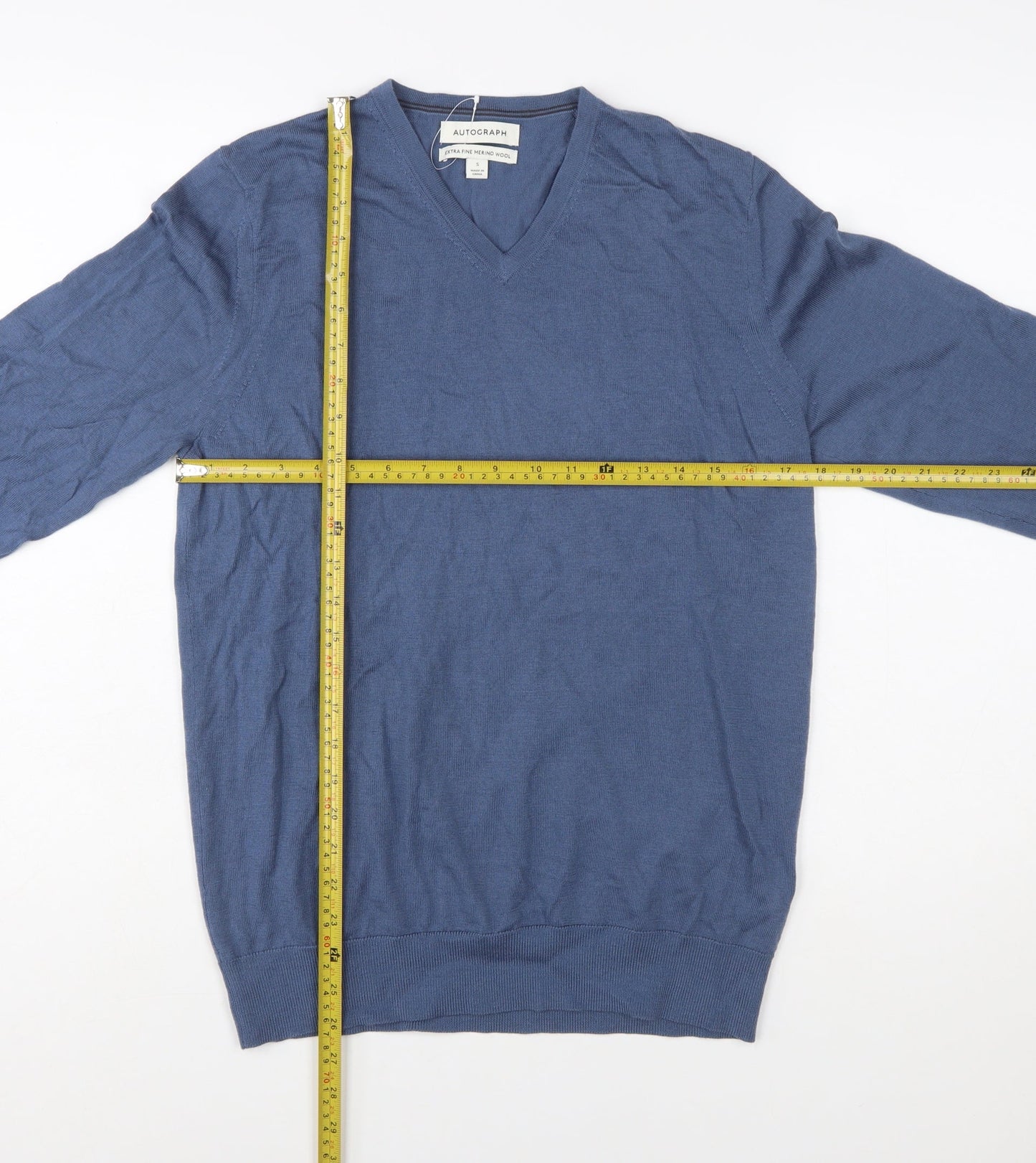 Marks and Spencer Mens Blue Merino Wool V-Neck Jumper S