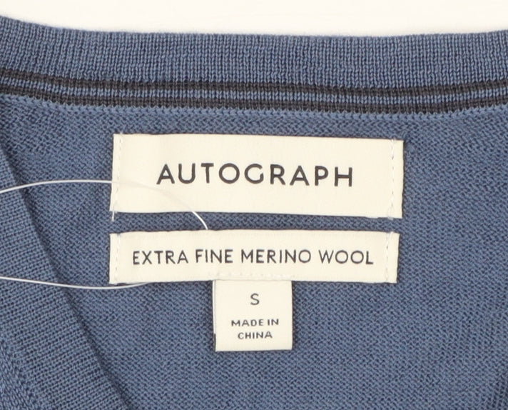 Marks and Spencer Mens Blue Merino Wool V-Neck Jumper S