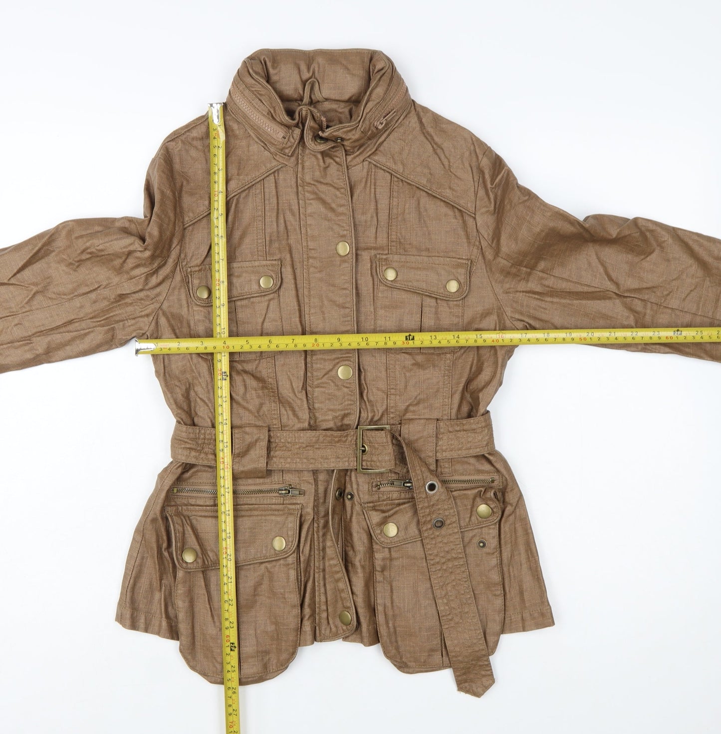 Next Women’s Brown Linen Blend Military Jacket Size 10 Belted Mid-Length