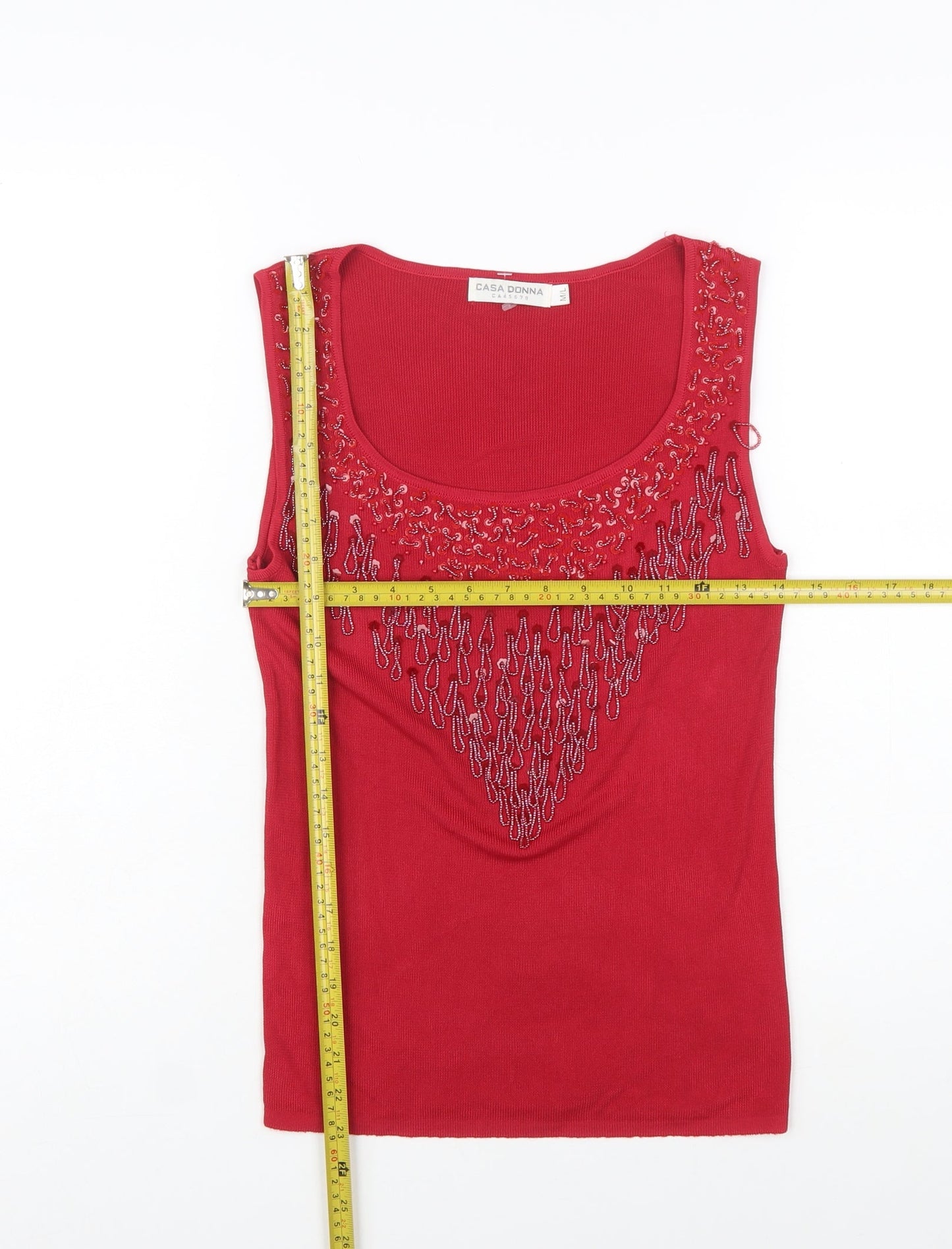 Casa Donna Womens Red Beaded Tank Top M Sleeveless Stretch Jersey