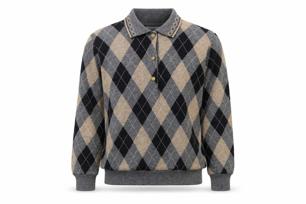 Alfred Dunner Men’s Grey Argyle Collared Henley Knit Jumper S