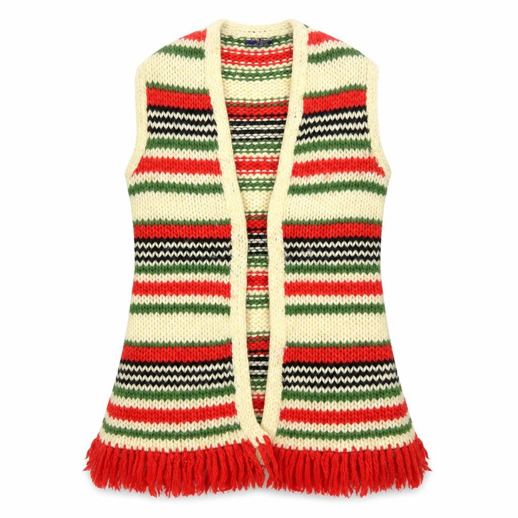 Hand Loomed Import Women's Multicoloured Wool Knit Fringe Vest M