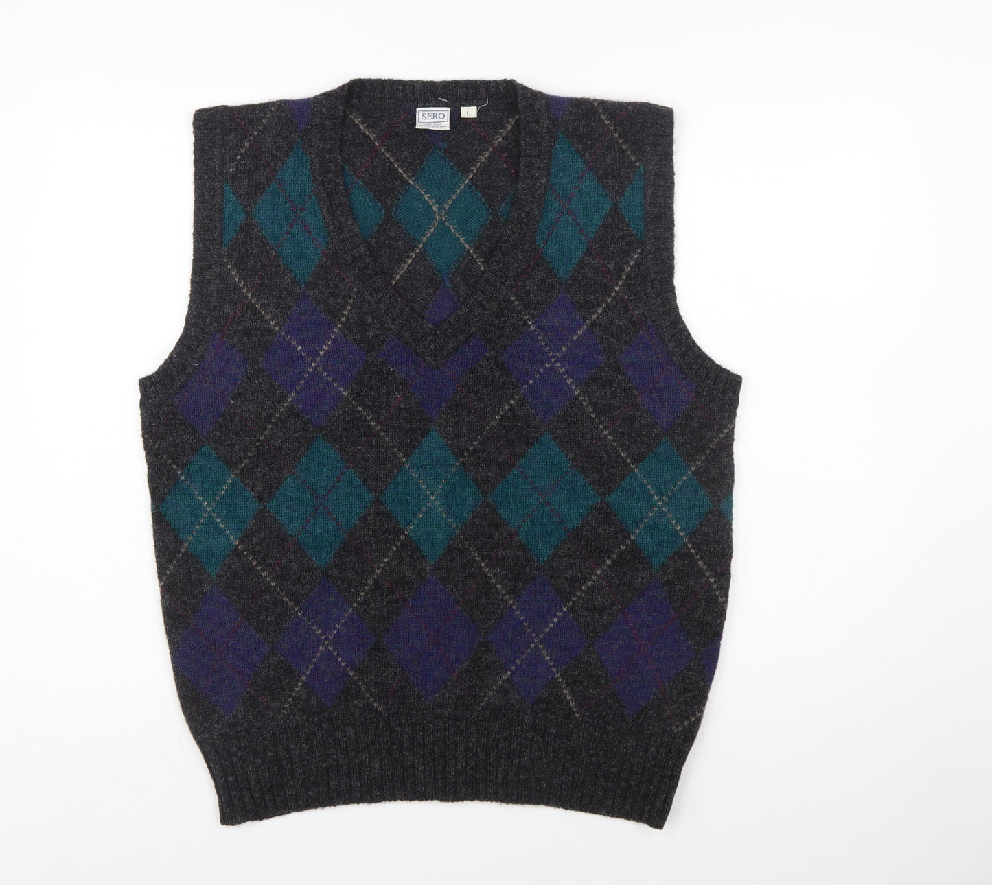 Sero Men's Grey Argyle Wool Sleeveless Vest Jumper L Classic Knit