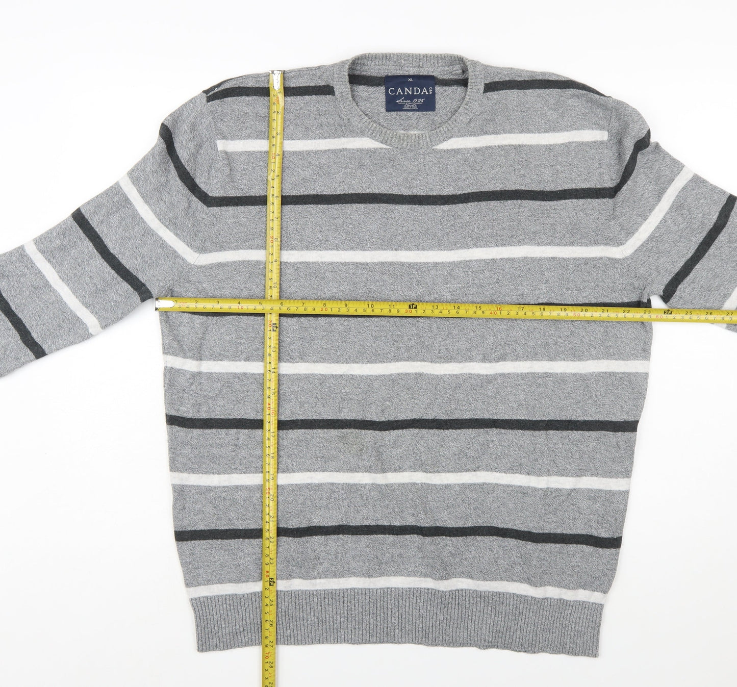 C&A Men's Grey Striped Cotton Blend Crew Neck Jumper XL