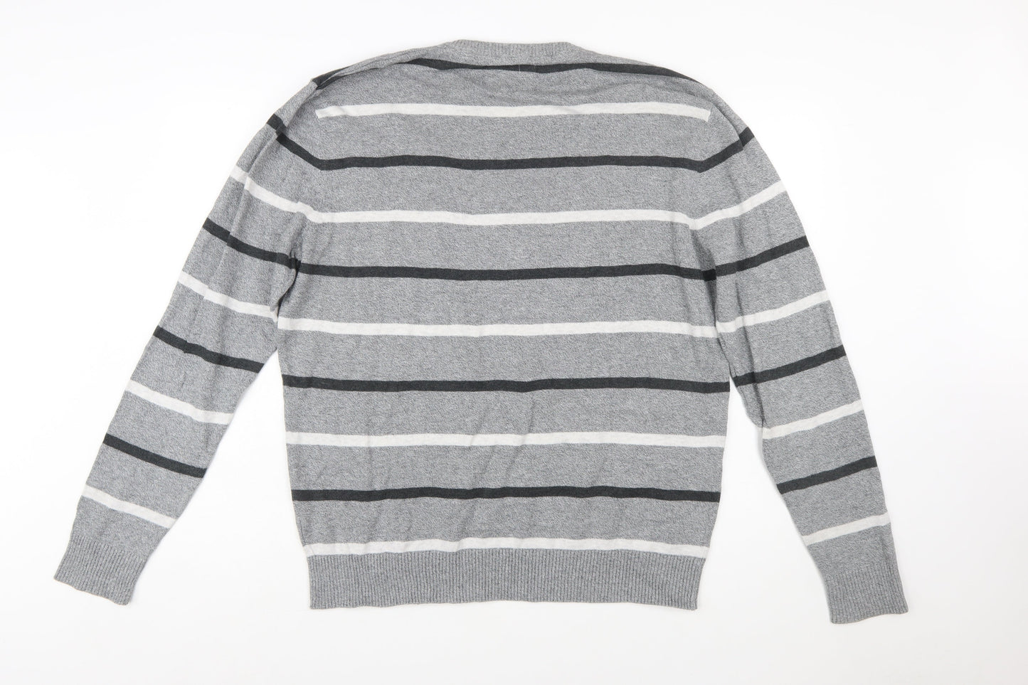 C&A Men's Grey Striped Cotton Blend Crew Neck Jumper XL