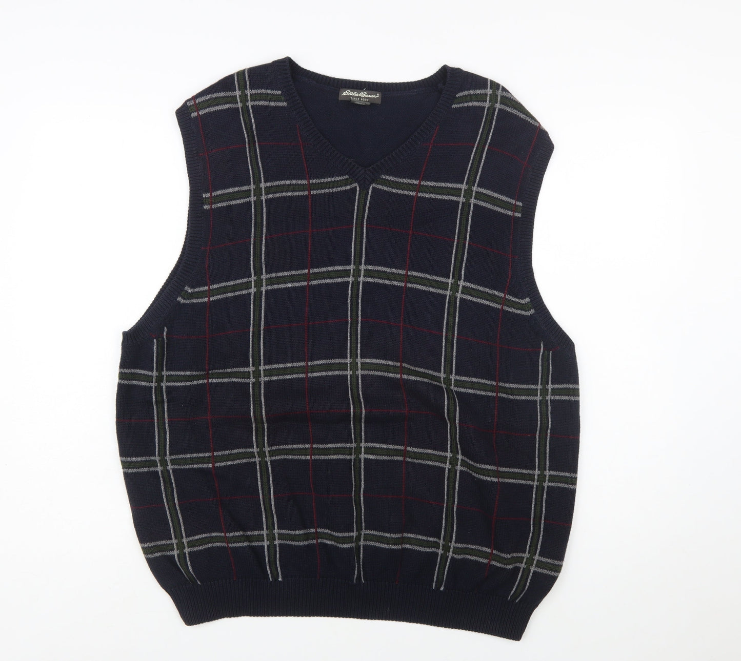 Eddie Bauer Men's Blue Check Cotton V-Neck Sleeveless Vest XL