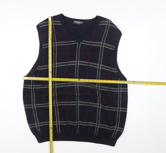 Eddie Bauer Men's Blue Check Cotton V-Neck Sleeveless Vest XL
