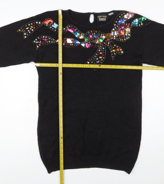 Trimmings Womens Black Sequin Bow Pullover Jumper Size S