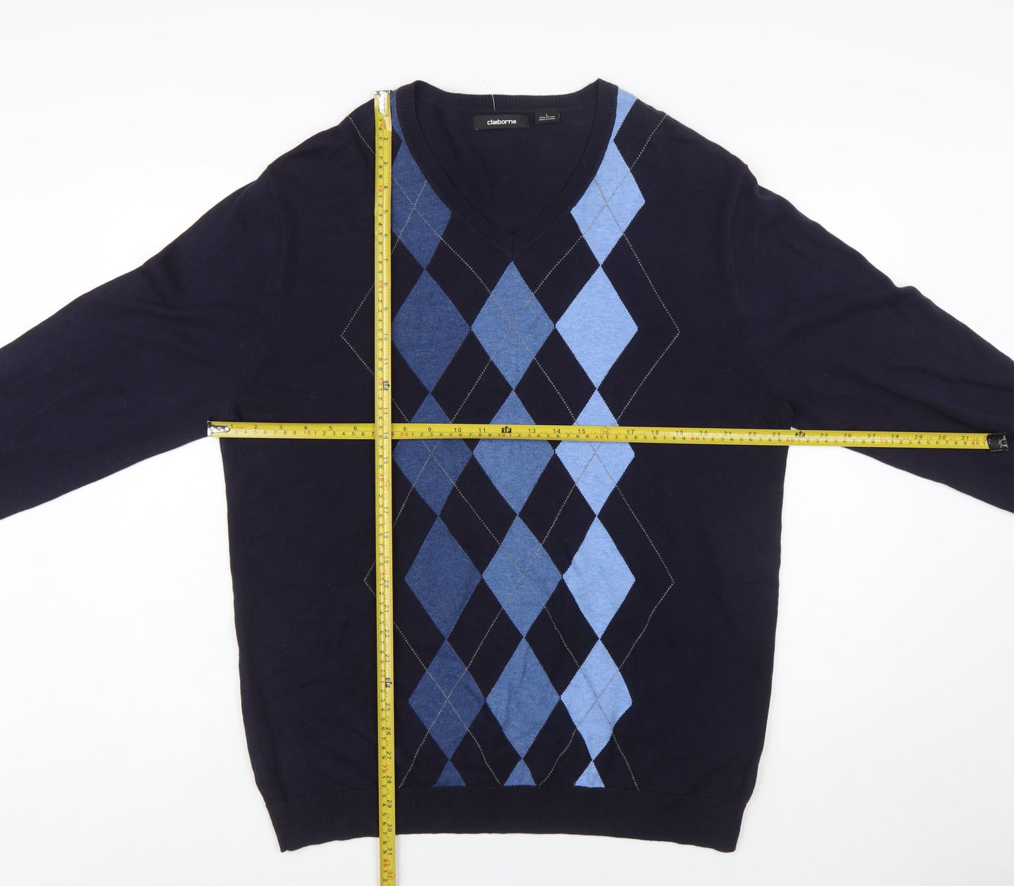 Claiborne Men's Blue Argyle V-Neck Cotton Jumper Size L