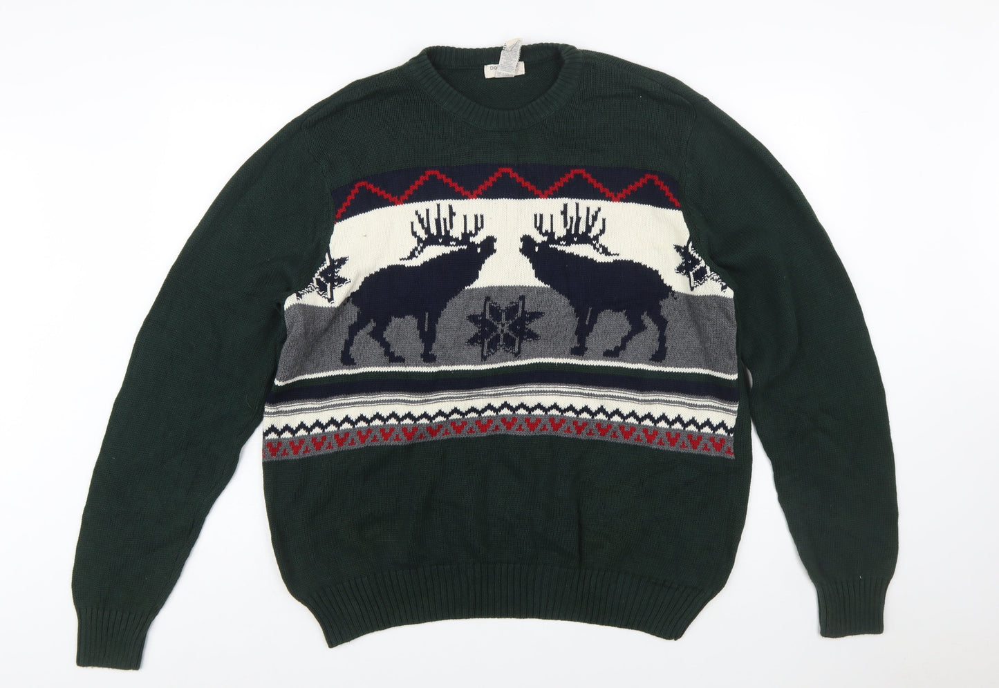 Dockers Men's Green Reindeer Cotton Fair Isle Jumper Size L