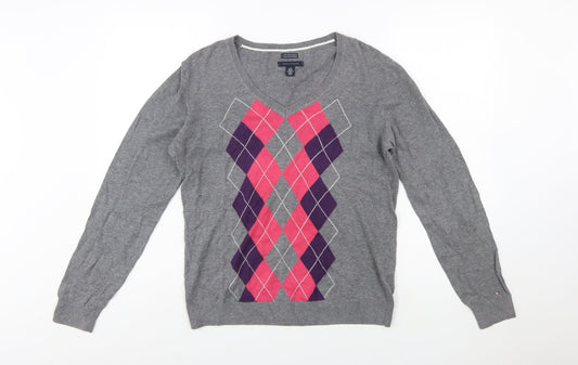 Tommy Hilfiger Men's Grey Argyle V-Neck Cotton Jumper L