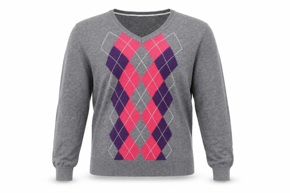 Tommy Hilfiger Men's Grey Argyle V-Neck Cotton Jumper L